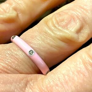 Pink Enamel Ring with 6 Clear Rhinestones Size 6 1/2